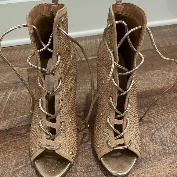 Rhinestone Booties, Laced Up Booties, Nude Heels - Picture 3 of 7